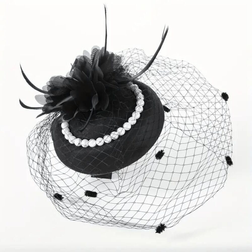 🖤 Pinup Accessory 1950s Retro Vintage Fascinator Black Pillbox Pearl Veil Hat